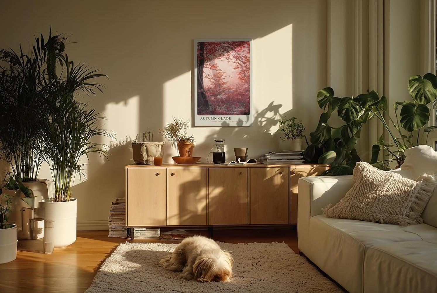 Paul Sinus Kunstdruck 40x60cm Autumn Glade – Waldlandschaft in Rot und Rosa mit Nebelstimmung und herbstlichem Licht