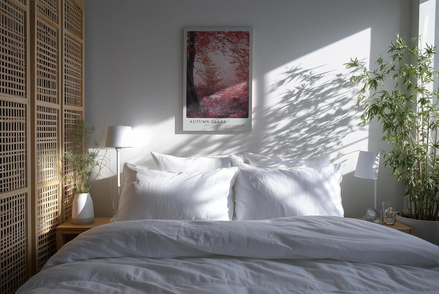 Paul Sinus Kunstdruck 40x60cm Autumn Glade – Waldlandschaft in Rot und Rosa mit Nebelstimmung und herbstlichem Licht