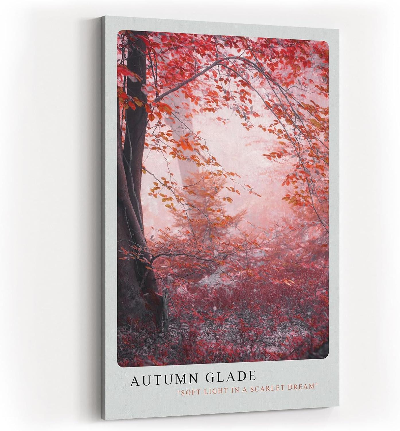 Paul Sinus Kunstdruck 40x60cm Autumn Glade – Waldlandschaft in Rot und Rosa mit Nebelstimmung und herbstlichem Licht