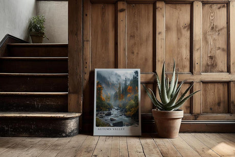 Paul Sinus Kunstdruck 40x60cm Autumn Valley – Herbstliches Flusstal mit buntem Wald und Nebelschwaden in den Bergen