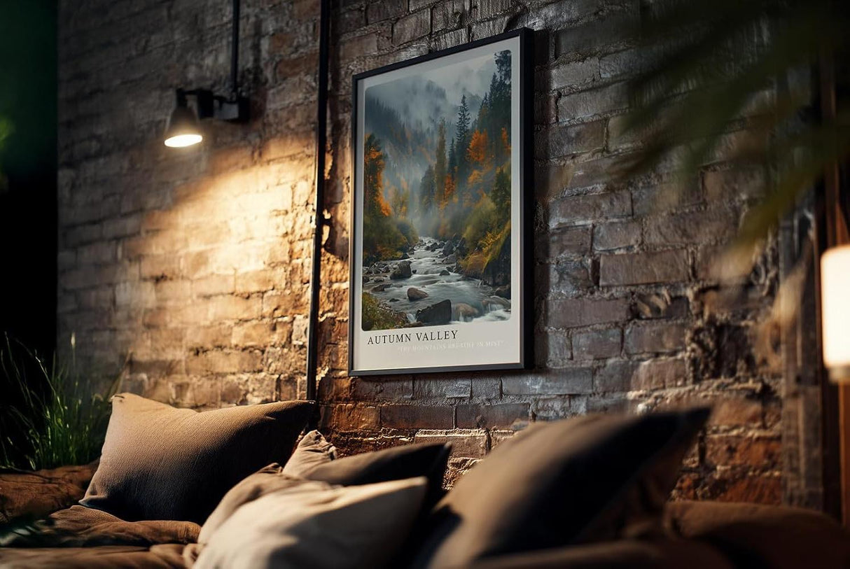 Paul Sinus Kunstdruck 40x60cm Autumn Valley – Herbstliches Flusstal mit buntem Wald und Nebelschwaden in den Bergen