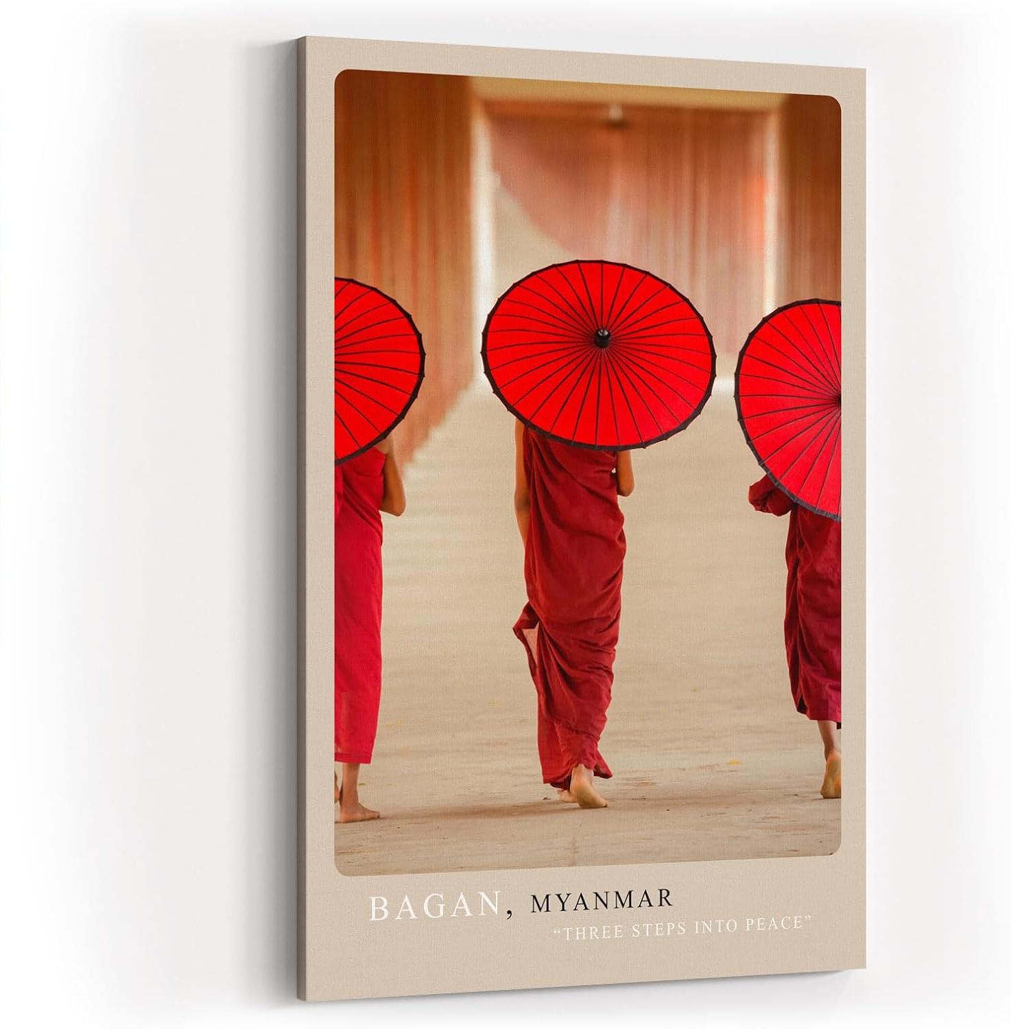 Paul Sinus Kunstdruck 40x60cm Bagan – buddhistische Mönche mit roten Schirmen in Myanmar