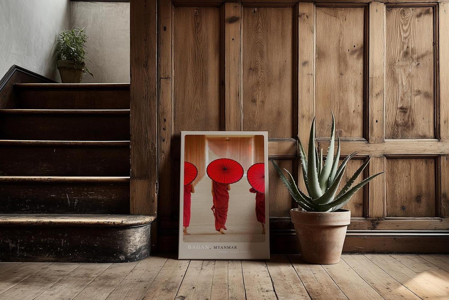 Paul Sinus Kunstdruck 40x60cm Bagan – buddhistische Mönche mit roten Schirmen in Myanmar