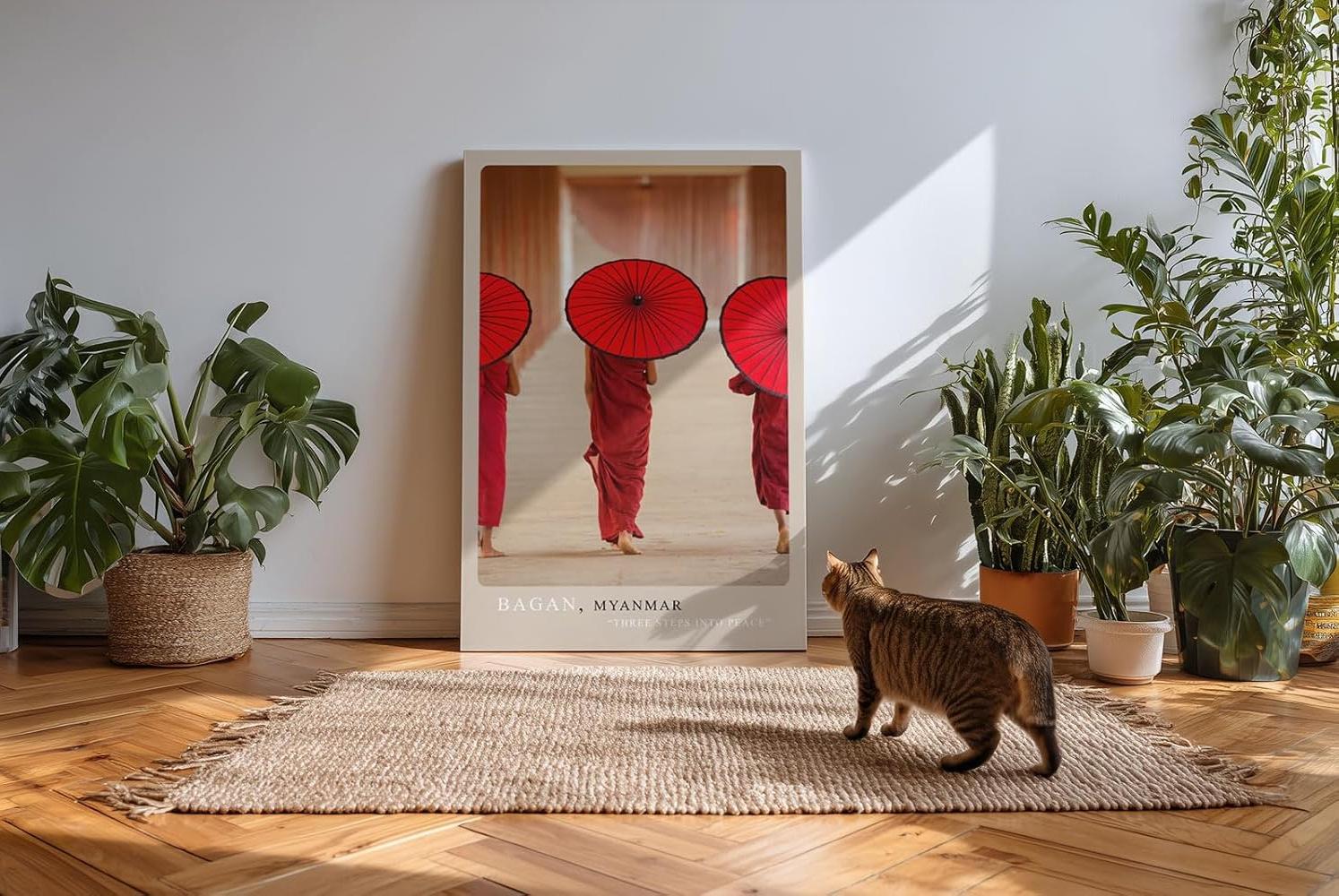 Paul Sinus Kunstdruck 40x60cm Bagan – buddhistische Mönche mit roten Schirmen in Myanmar