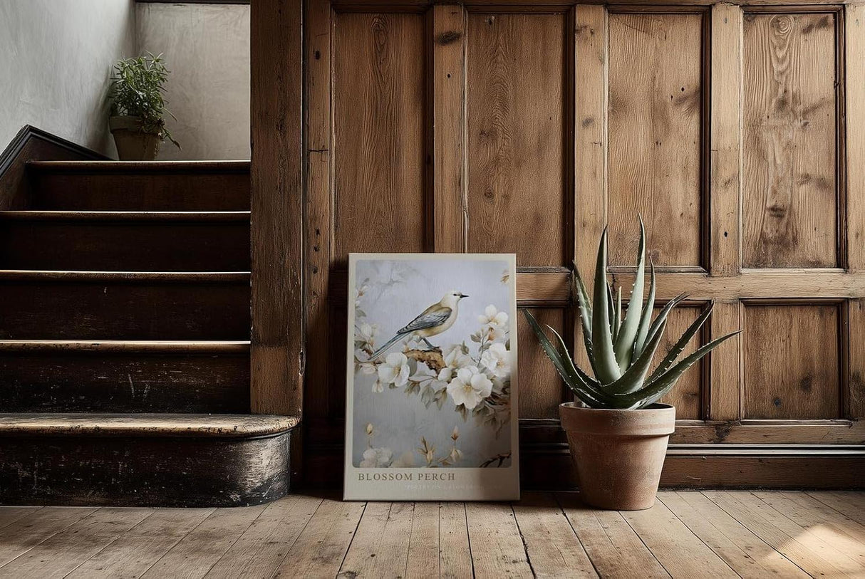 Paul Sinus Kunstdruck 40x60cm Blossom Perch – Vogel auf blühendem Ast in zartem Blütendesign und poetischer Harmonie