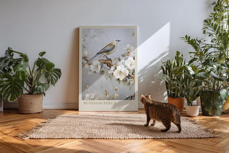 Paul Sinus Kunstdruck 40x60cm Blossom Perch – Vogel auf blühendem Ast in zartem Blütendesign und poetischer Harmonie