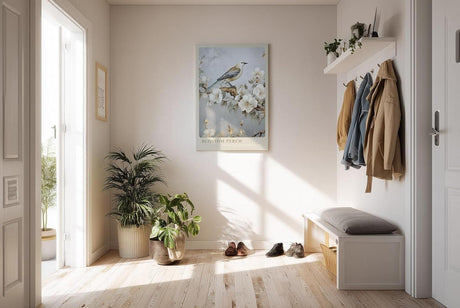 Paul Sinus Kunstdruck 40x60cm Blossom Perch – Vogel auf blühendem Ast in zartem Blütendesign und poetischer Harmonie