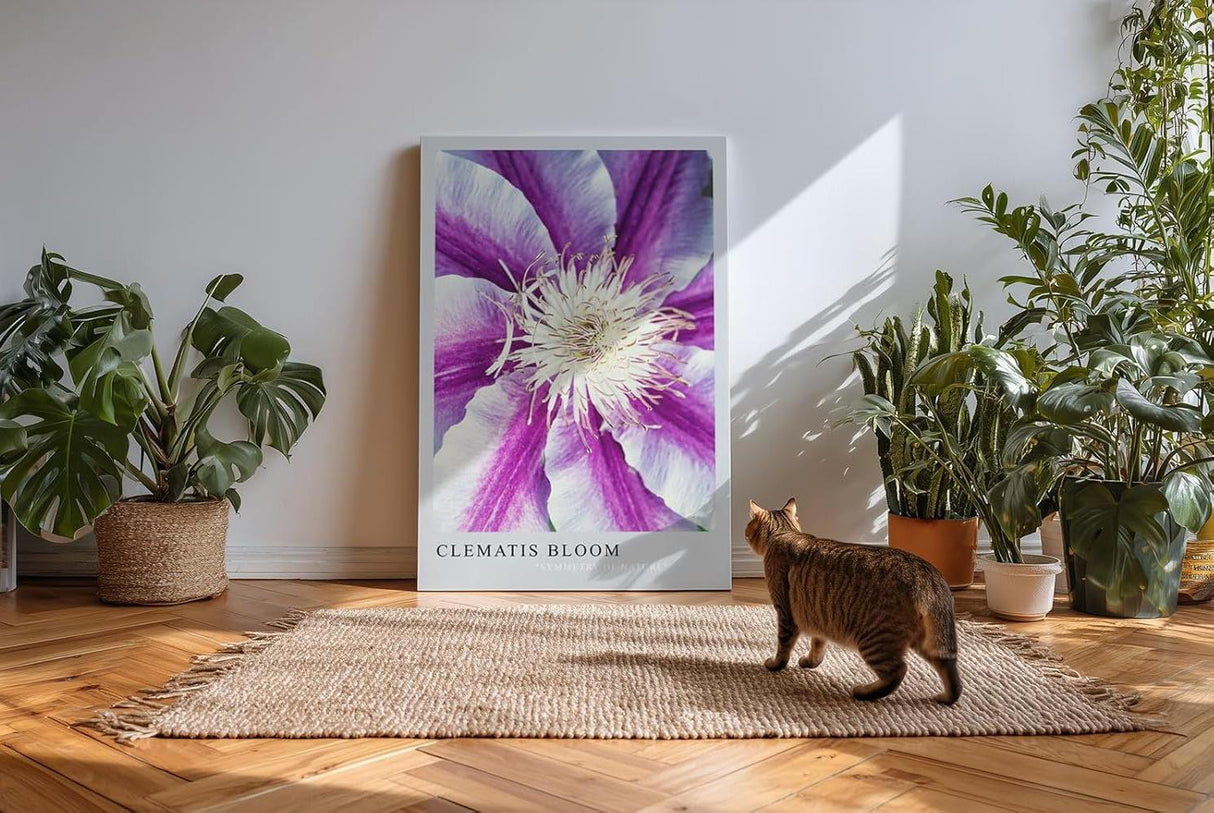 Paul Sinus Kunstdruck 40x60cm Clematis Bloom – violett-weiße Blüte in symmetrischer Komposition mit Fokus auf Zentrum