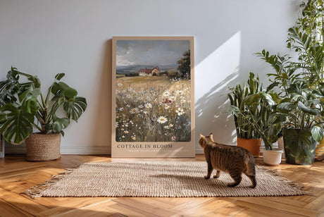 Paul Sinus Kunstdruck 40x60cm Cottage in Bloom – Wildblumenwiese mit Landhaus unter weitem Himmel in malerischer Landschaft