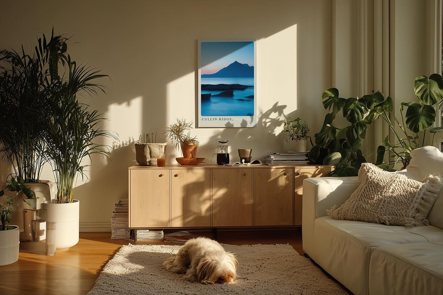 Paul Sinus Kunstdruck 40x60cm Cullin Ridge – schottische Bergsilhouette bei Sonnenuntergang mit ruhiger Küstenstimmung