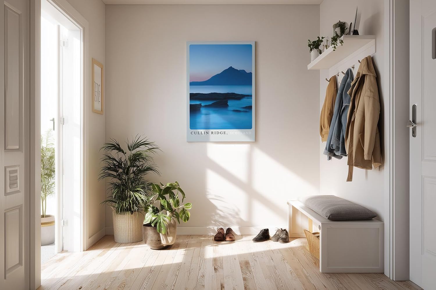 Paul Sinus Kunstdruck 40x60cm Cullin Ridge – schottische Bergsilhouette bei Sonnenuntergang mit ruhiger Küstenstimmung