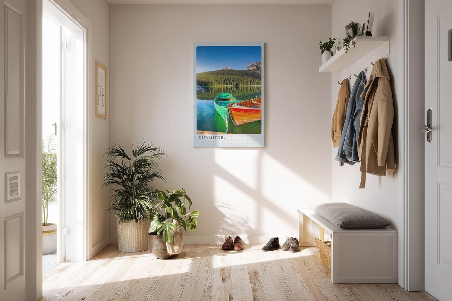 Paul Sinus Kunstdruck 40x60cm Durmitor – farbenfrohe Ruderboote auf Bergsee in Montenegro mit ruhigem Wasser