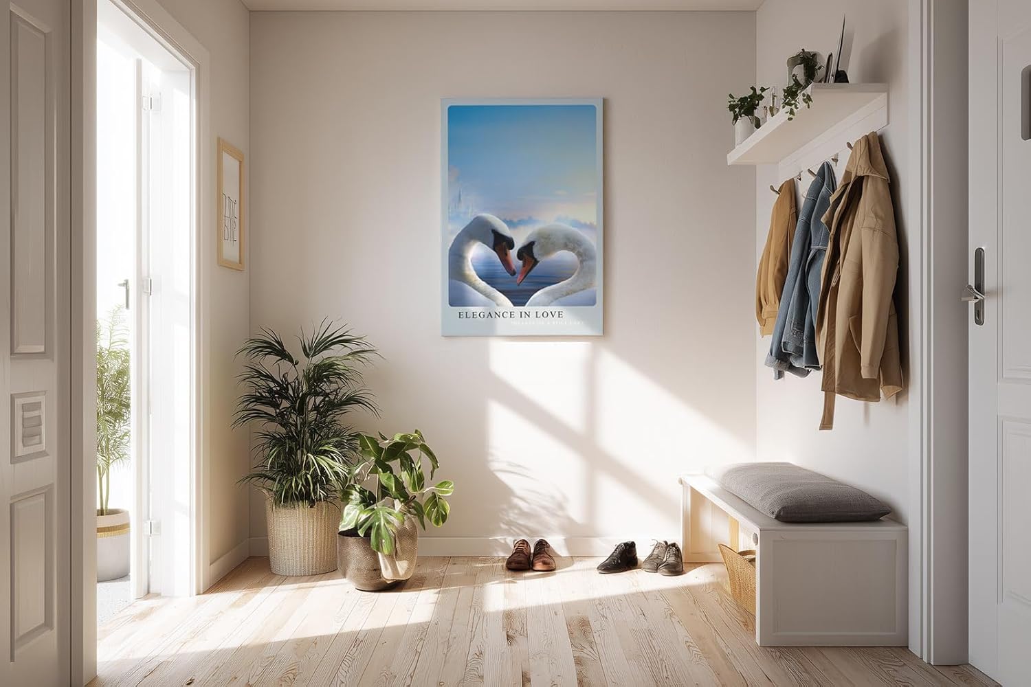 Paul Sinus Kunstdruck 40x60cm Elegance in Love zwei Schwäne mit Herzform über ruhigem See im Morgenlicht