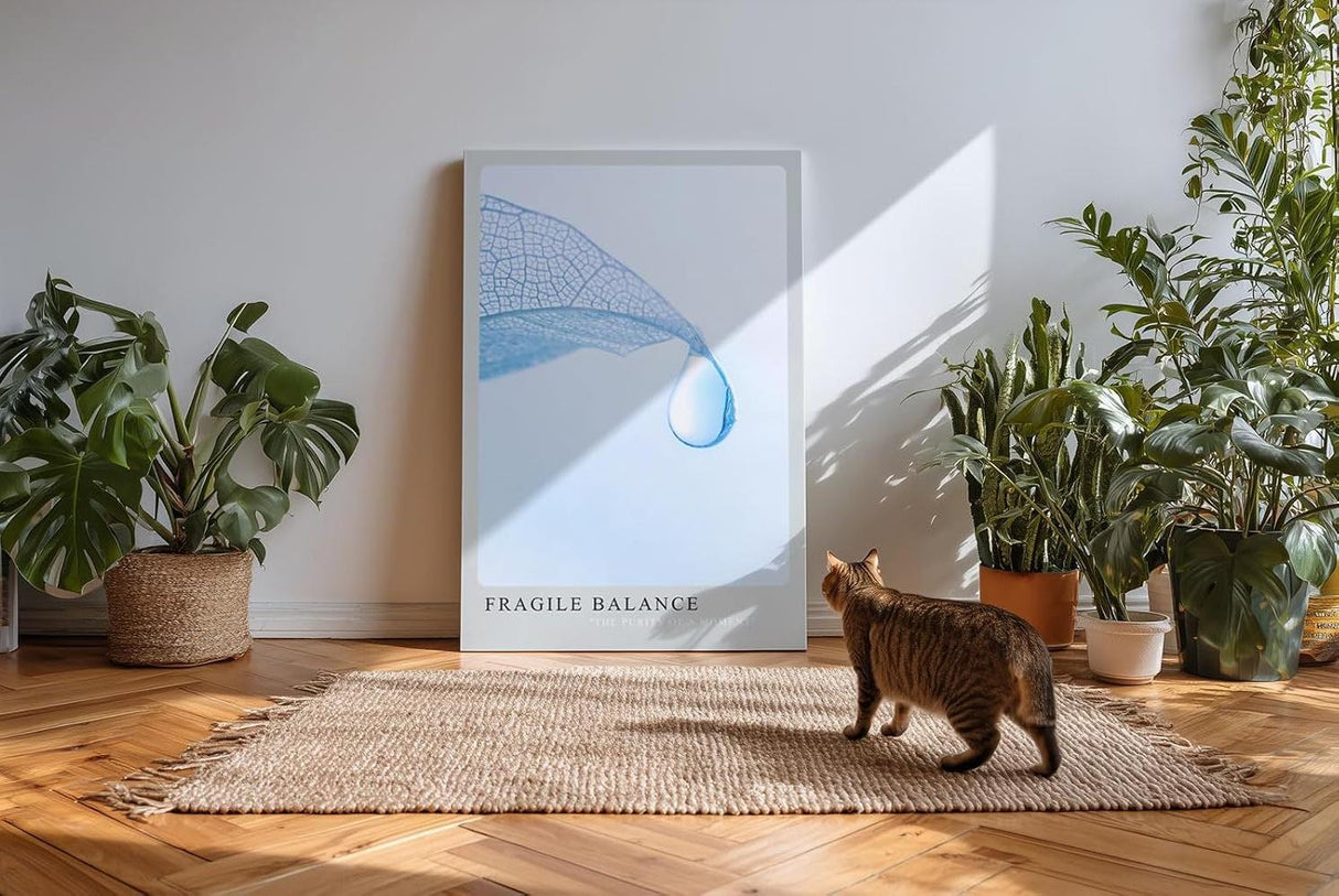 Paul Sinus Kunstdruck 40x60cm Fragile Balance – transparente Struktur mit Wassertropfen auf zartem Blatt in Hellblau