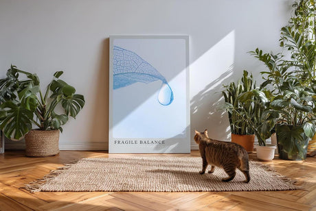 Paul Sinus Kunstdruck 40x60cm Fragile Balance – transparente Struktur mit Wassertropfen auf zartem Blatt in Hellblau