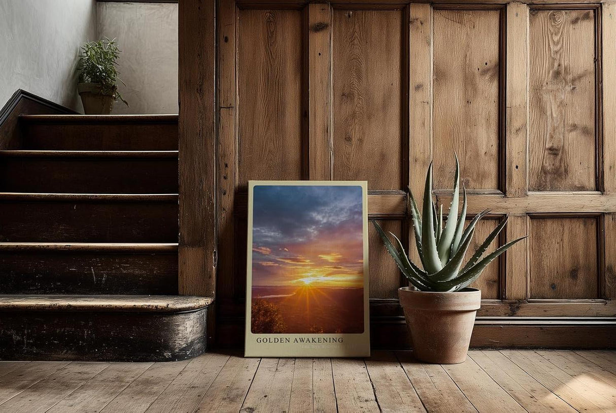 Paul Sinus Kunstdruck 40x60cm Golden Awakening – Sonnenaufgang über der Landschaft in leuchtendem Gold und Orange