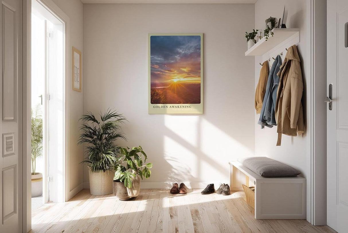 Paul Sinus Kunstdruck 40x60cm Golden Awakening – Sonnenaufgang über der Landschaft in leuchtendem Gold und Orange
