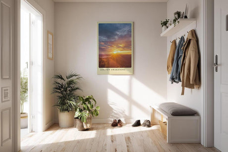 Paul Sinus Kunstdruck 40x60cm Golden Awakening – Sonnenaufgang über der Landschaft in leuchtendem Gold und Orange