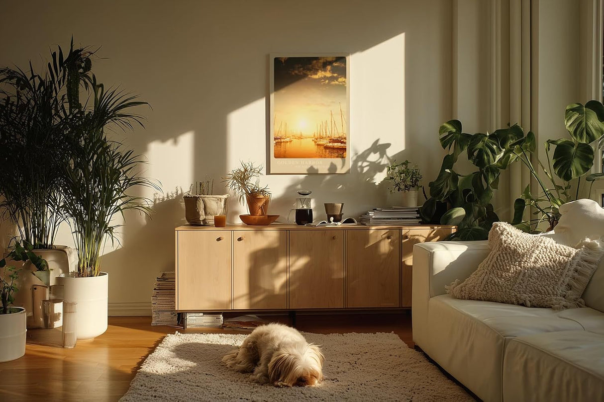 Paul Sinus Kunstdruck 40x60cm Golden Harbor – Segelboote im Sonnenlicht eines goldenen Hafens am Morgen