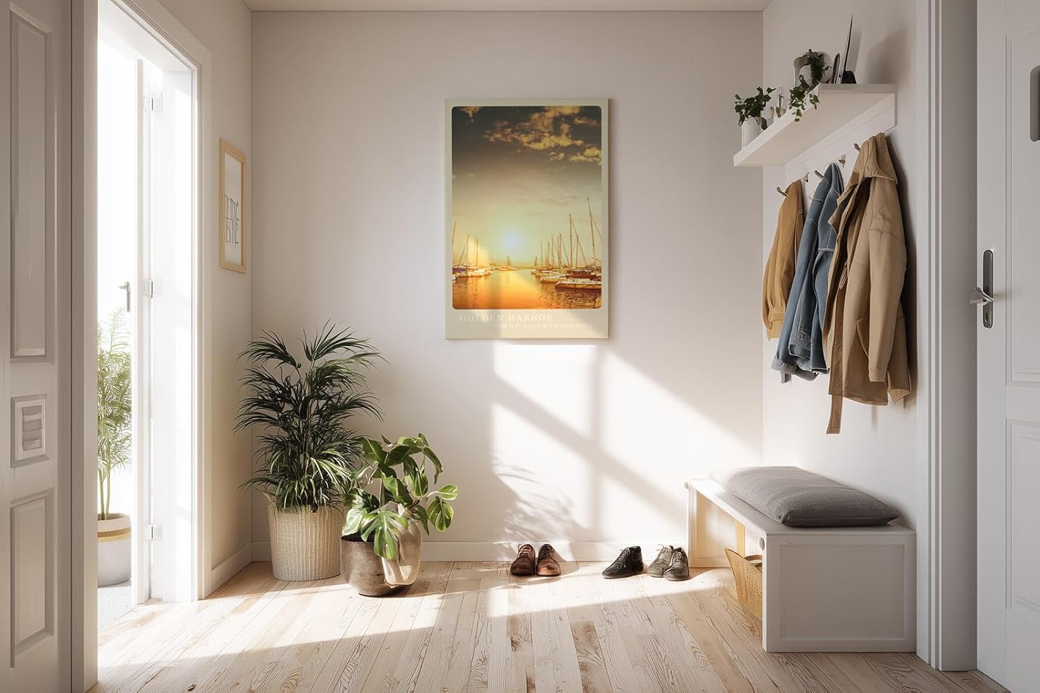 Paul Sinus Kunstdruck 40x60cm Golden Harbor – Segelboote im Sonnenlicht eines goldenen Hafens am Morgen