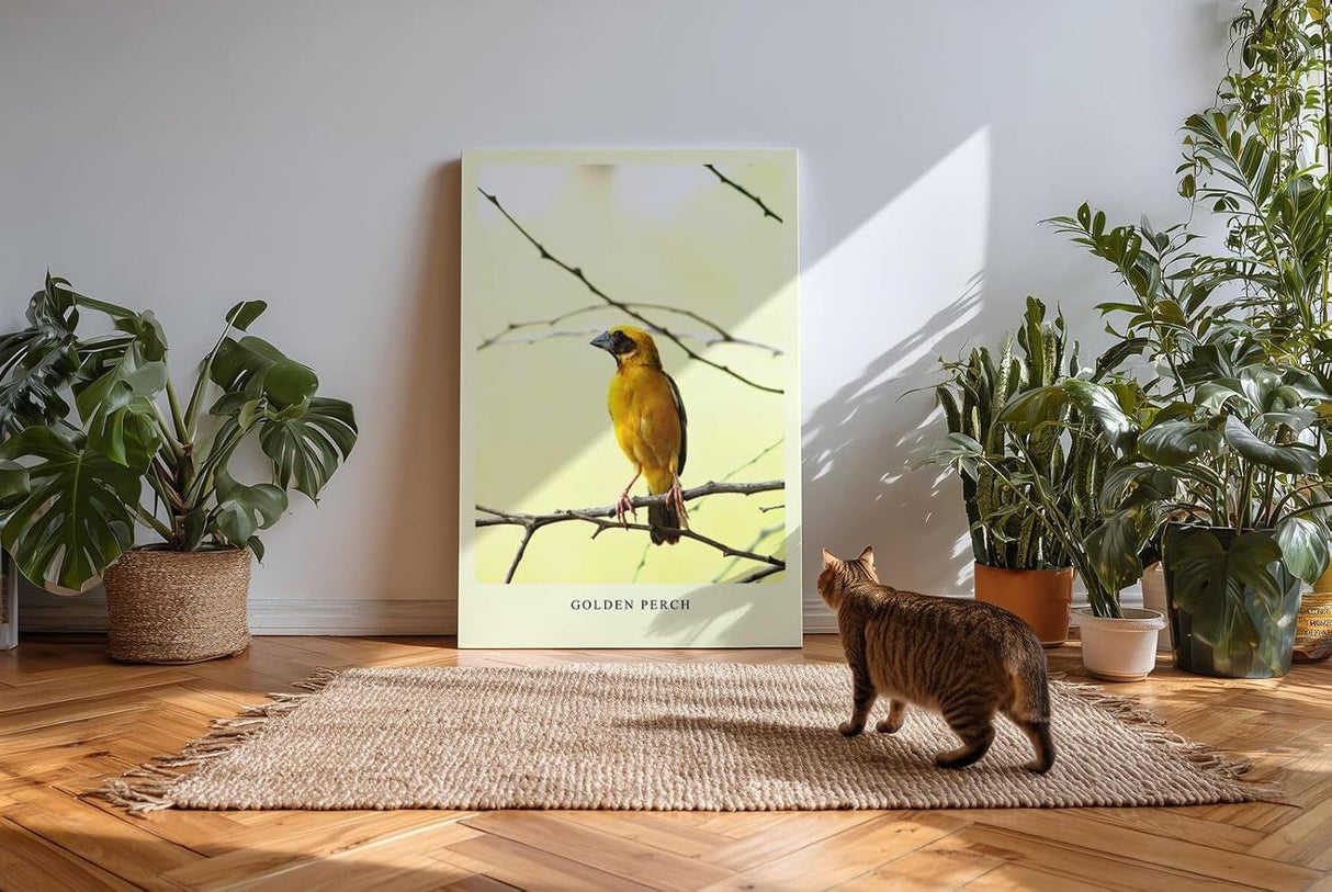 Paul Sinus Kunstdruck 40x60cm Golden Perch mit gelbem Singvogel auf Ast vor hellem Hintergrund