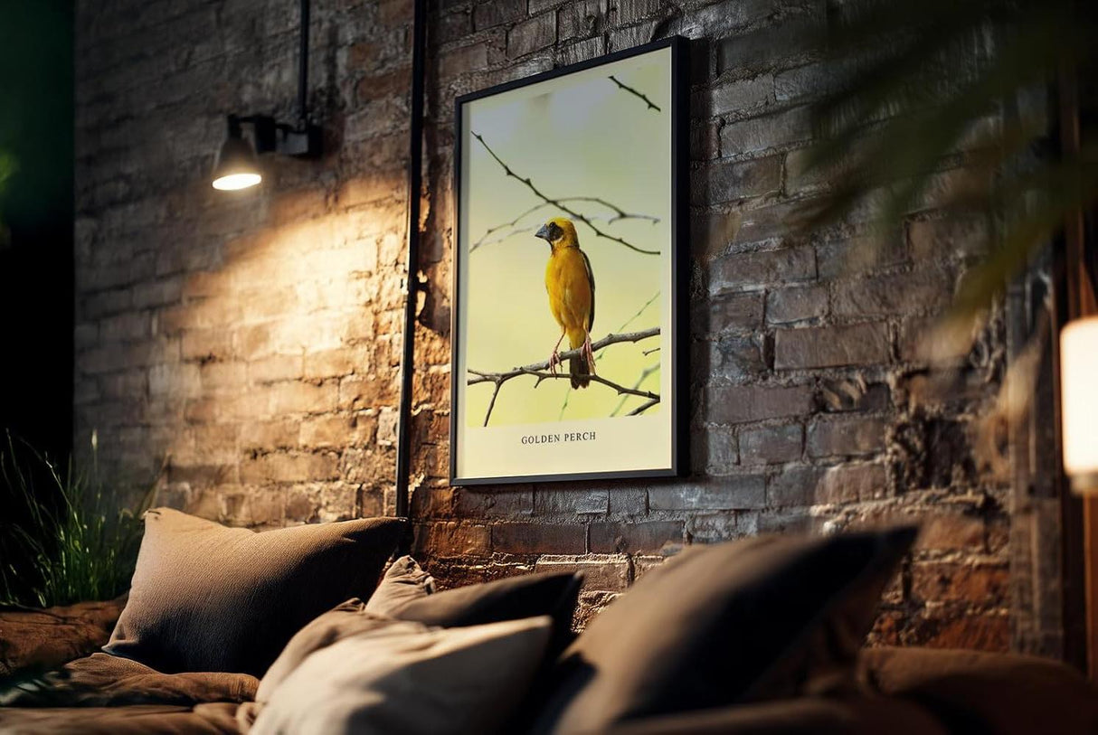 Paul Sinus Kunstdruck 40x60cm Golden Perch mit gelbem Singvogel auf Ast vor hellem Hintergrund