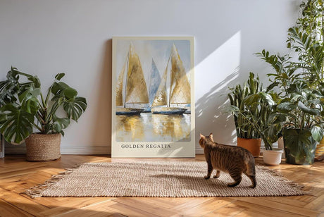 Paul Sinus Kunstdruck 40x60cm Golden Regatta – Segelboote in Gold und Weiß auf Wasser in dynamischer Malerei