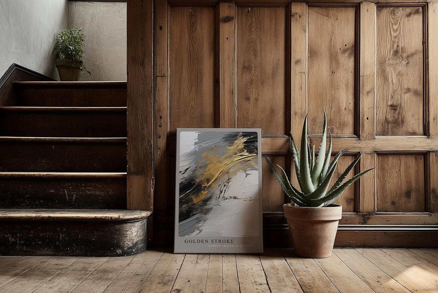 Paul Sinus Kunstdruck 40x60cm Golden Stroke – Ausdrucksstarke goldene Pinselstruktur auf abstrakter Textur in Schwarz-Weiß