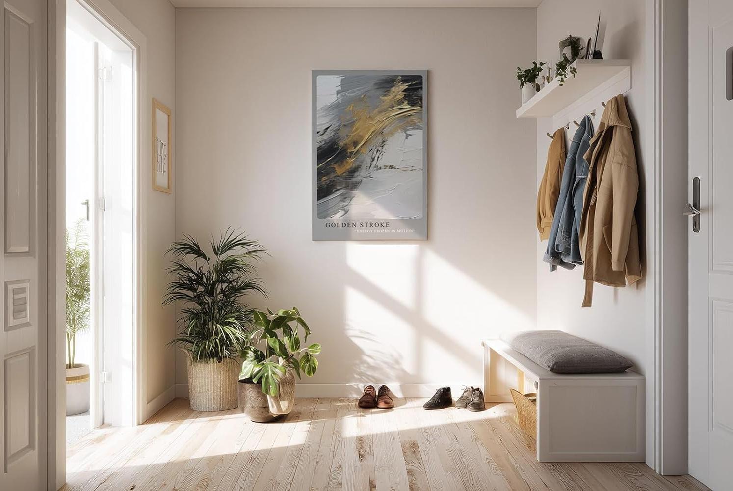 Paul Sinus Kunstdruck 40x60cm Golden Stroke – Ausdrucksstarke goldene Pinselstruktur auf abstrakter Textur in Schwarz-Weiß