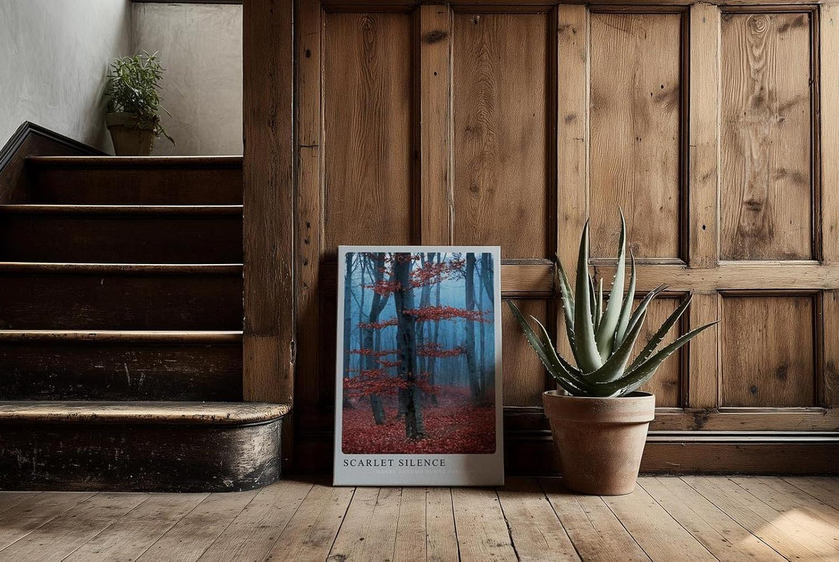 Paul Sinus Kunstdruck 40x60cm Herbst Wald Nebel Rot Bäume Stille Natur Scarlet Silence