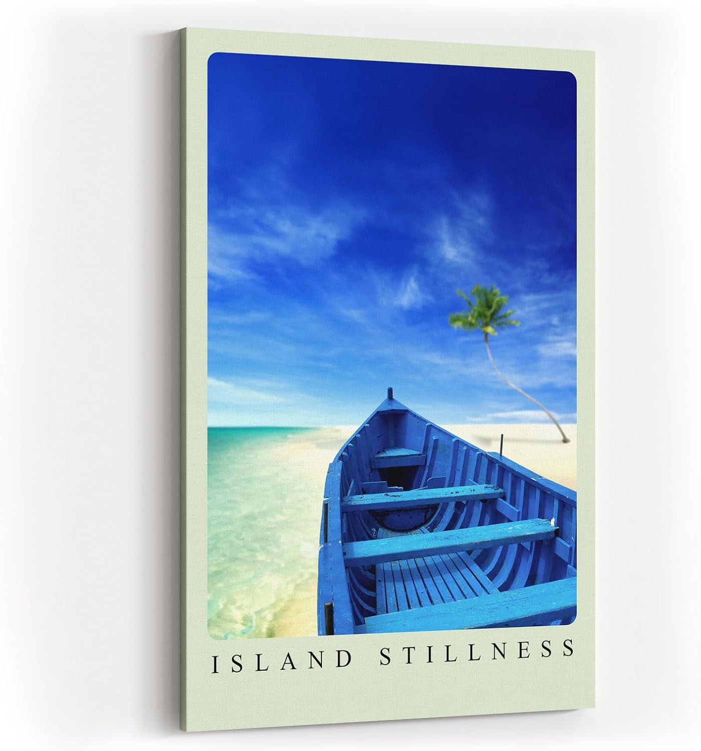 Paul Sinus Kunstdruck 40x60cm Island Stillness Blaues Boot auf weißem Sandstrand mit Palme und Meer