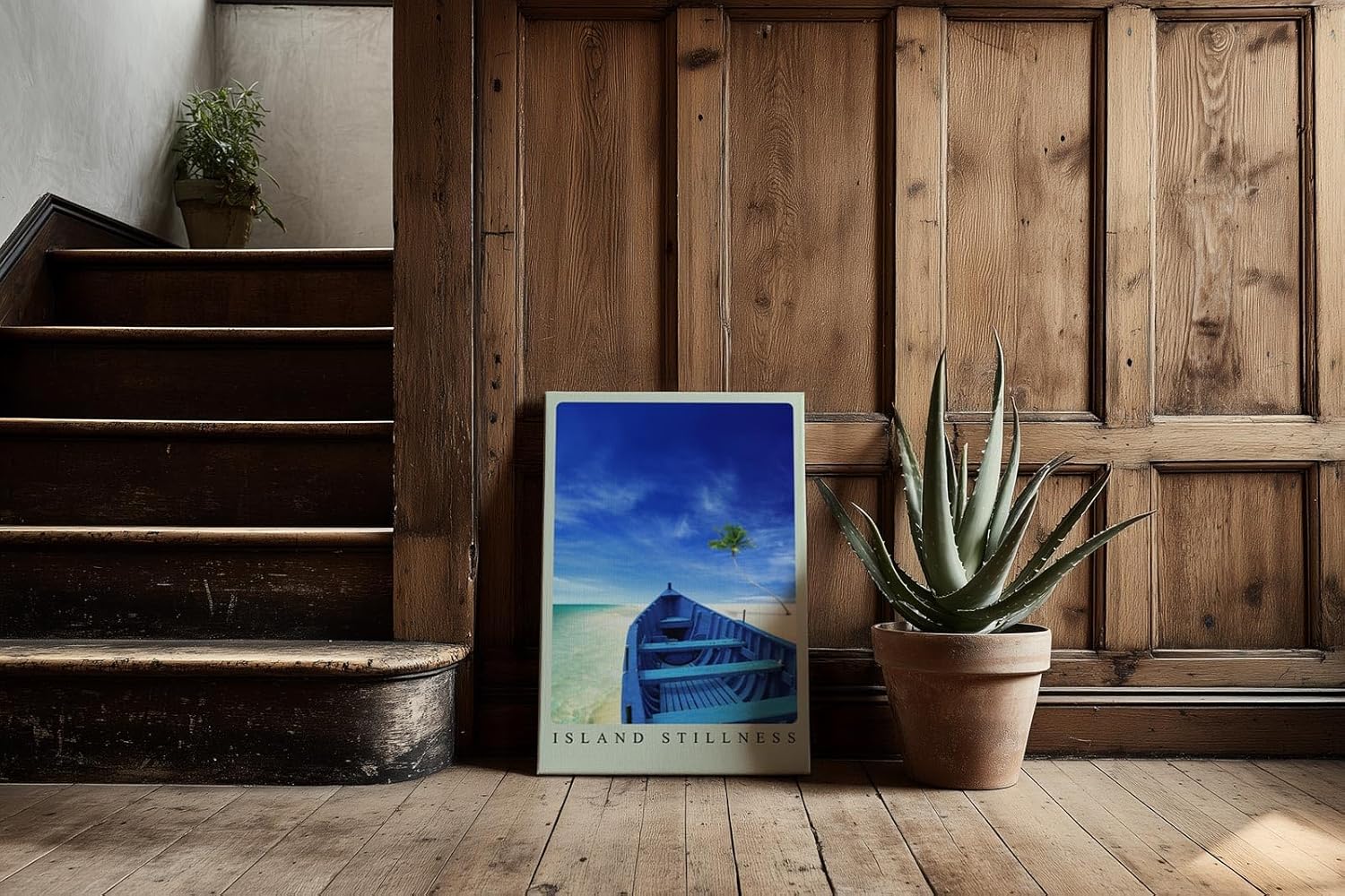 Paul Sinus Kunstdruck 40x60cm Island Stillness Blaues Boot auf weißem Sandstrand mit Palme und Meer