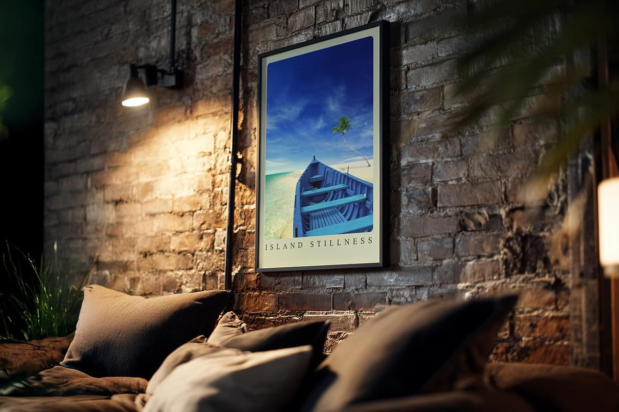 Paul Sinus Kunstdruck 40x60cm Island Stillness Blaues Boot auf weißem Sandstrand mit Palme und Meer