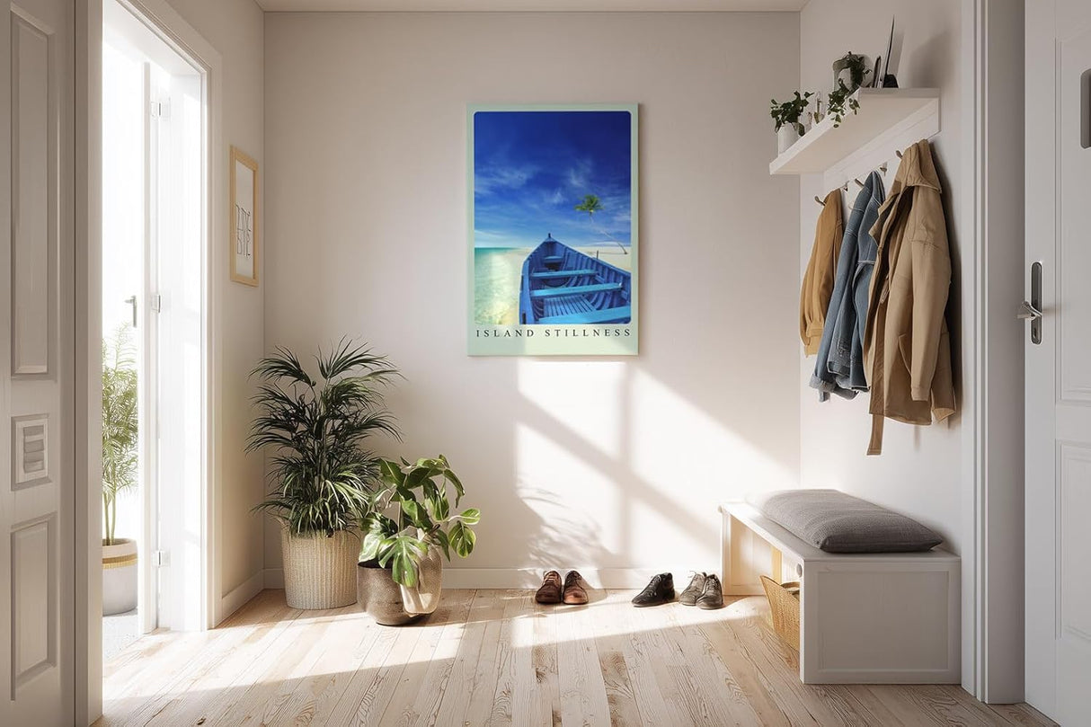 Paul Sinus Kunstdruck 40x60cm Island Stillness Blaues Boot auf weißem Sandstrand mit Palme und Meer