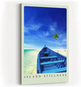 Paul Sinus Kunstdruck 40x60cm Island Stillness Blaues Boot auf weißem Sandstrand mit Palme und Meer