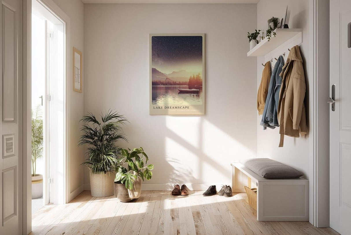 Paul Sinus Kunstdruck 40x60cm Lake Dreamscape – Sternenhimmel über ruhigem Bergsee mit Boot
