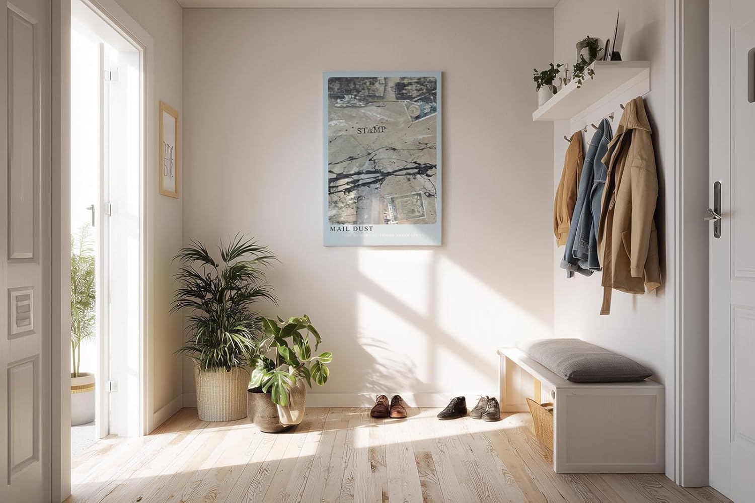 Paul Sinus Kunstdruck 40x60cm Mail Dust mit Briefmarkenfragmenten und dynamischer Farbstruktur