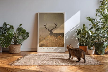 Paul Sinus Kunstdruck 40x60cm Majestic Silence Hirsch mit Geweih im Morgennebel auf Wiese