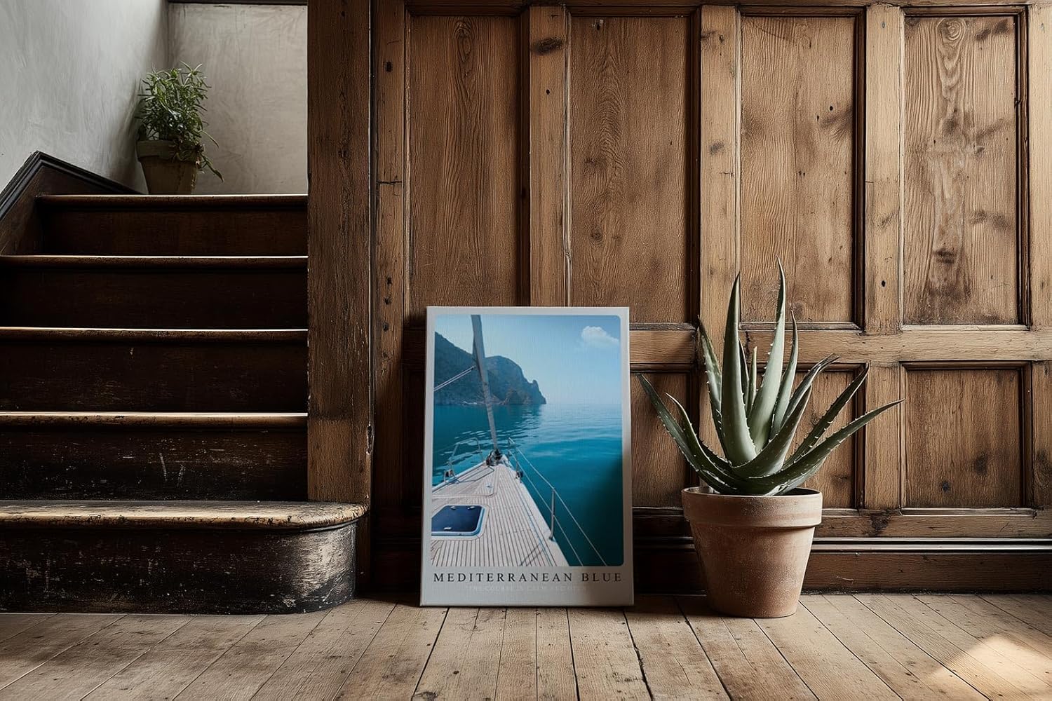 Paul Sinus Kunstdruck 40x60cm Mediterranean Blue – Segelboot auf ruhiger See mit Blick auf Küste im Morgenlicht