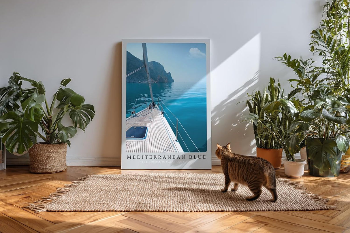 Paul Sinus Kunstdruck 40x60cm Mediterranean Blue – Segelboot auf ruhiger See mit Blick auf Küste im Morgenlicht