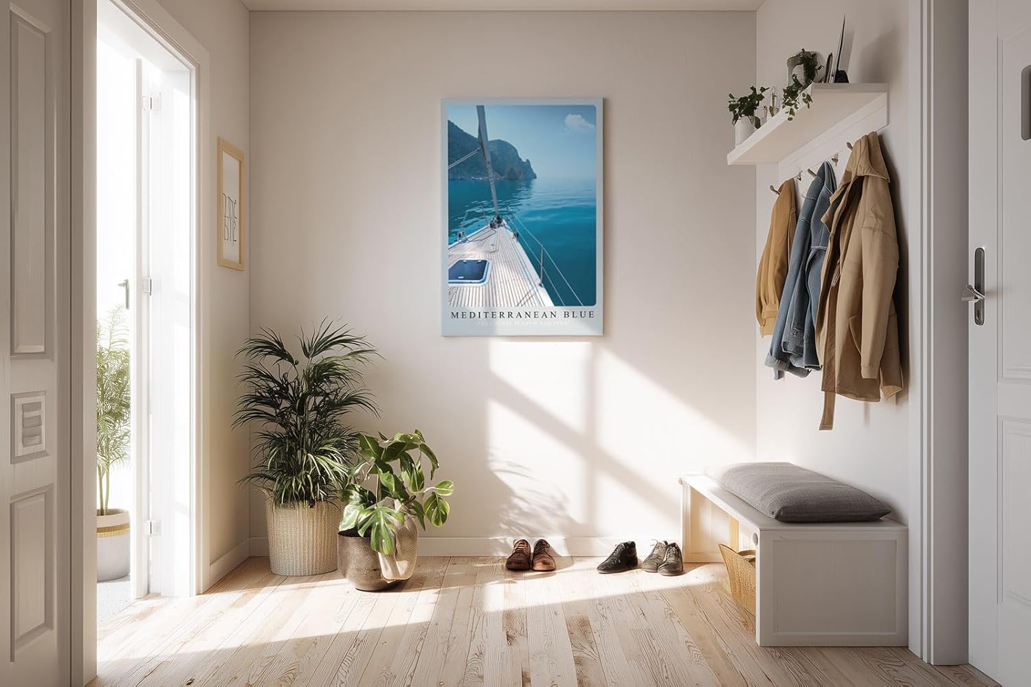 Paul Sinus Kunstdruck 40x60cm Mediterranean Blue – Segelboot auf ruhiger See mit Blick auf Küste im Morgenlicht