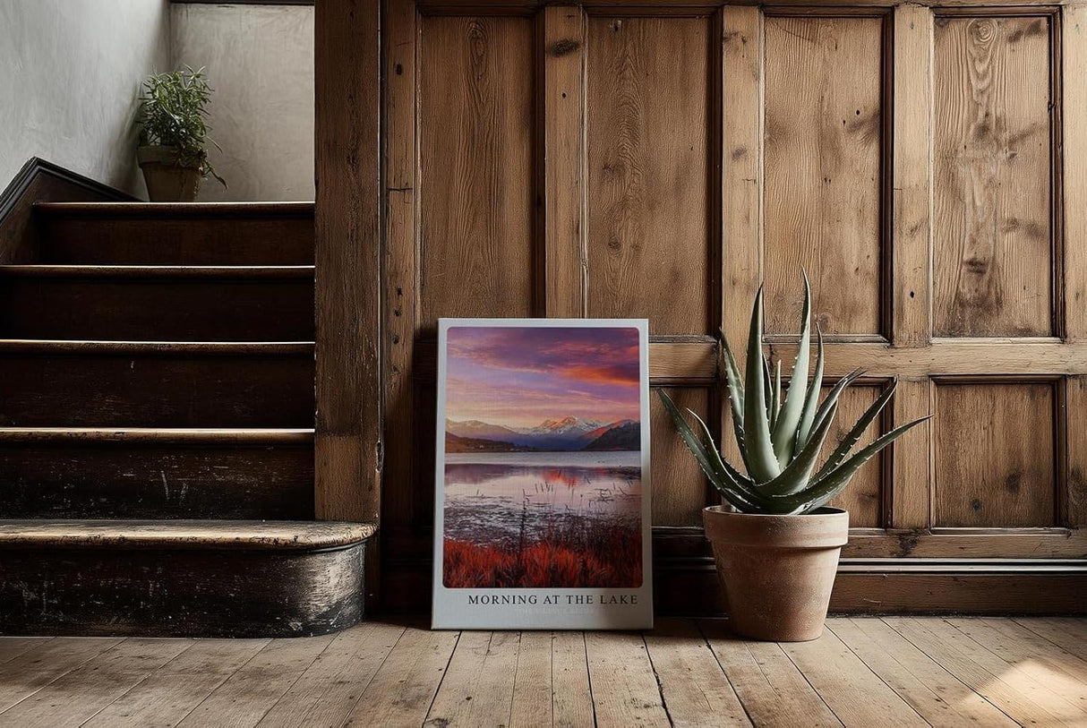 Paul Sinus Kunstdruck 40x60cm Morning at the Lake – Alpenpanorama mit ruhigem See im Morgenlicht in Rosa und Violett
