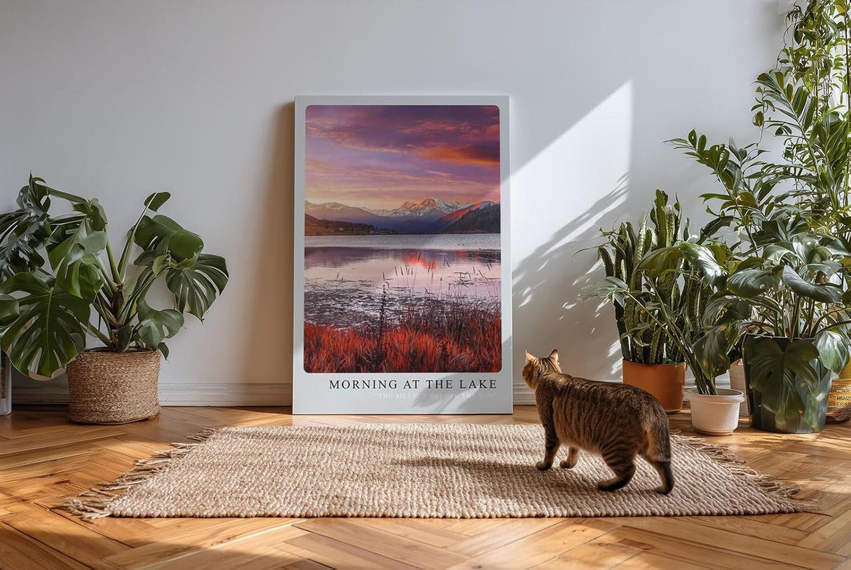 Paul Sinus Kunstdruck 40x60cm Morning at the Lake – Alpenpanorama mit ruhigem See im Morgenlicht in Rosa und Violett