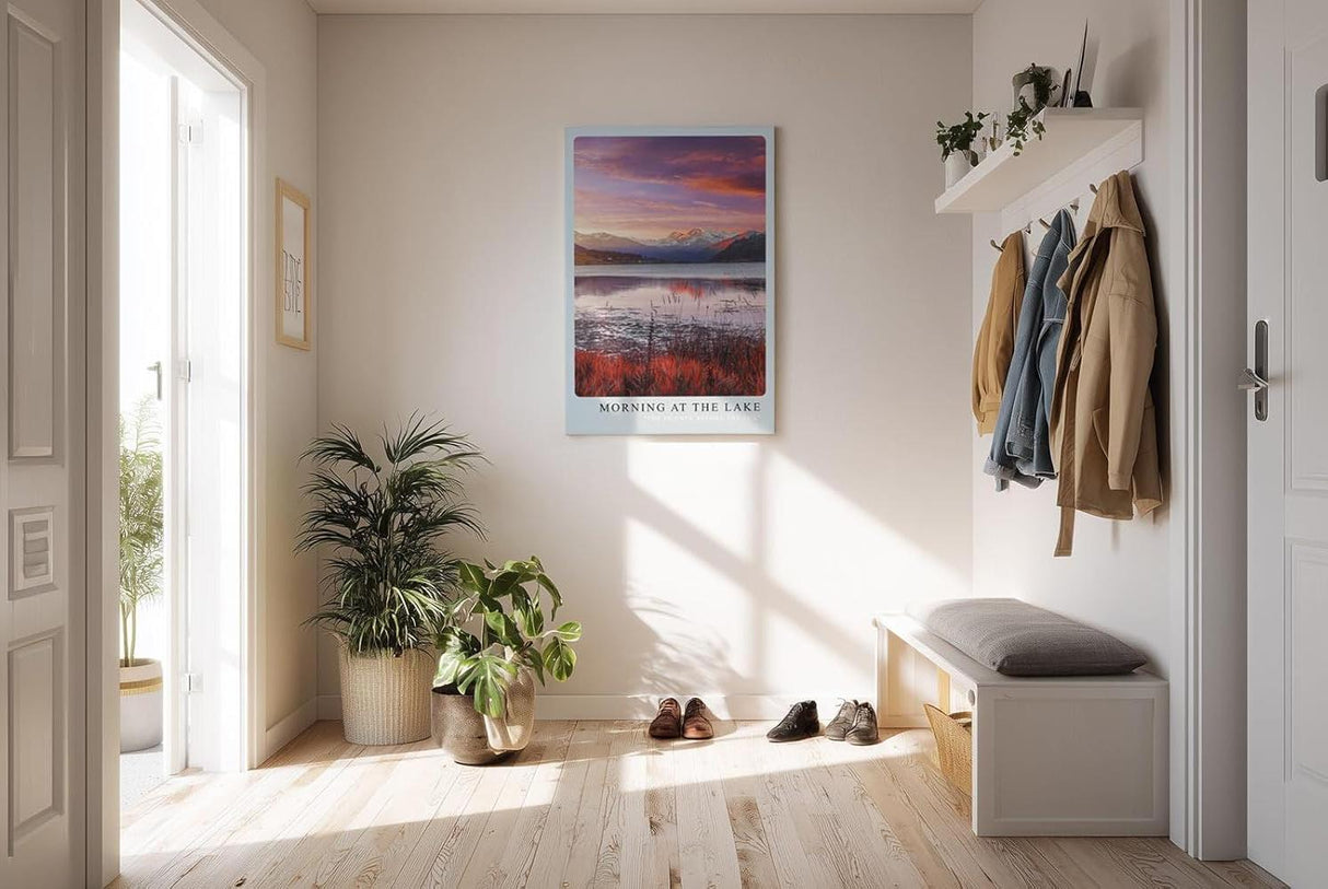 Paul Sinus Kunstdruck 40x60cm Morning at the Lake – Alpenpanorama mit ruhigem See im Morgenlicht in Rosa und Violett