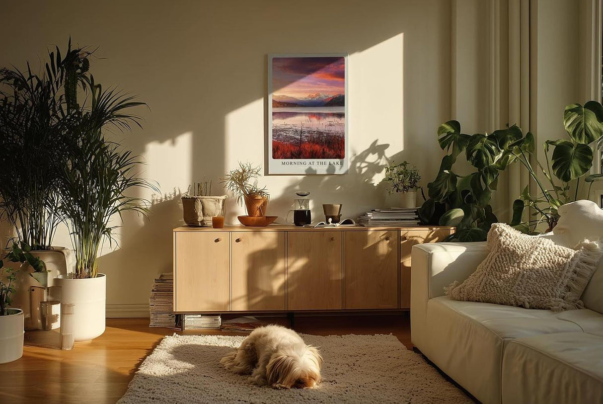 Paul Sinus Kunstdruck 40x60cm Morning at the Lake – Alpenpanorama mit ruhigem See im Morgenlicht in Rosa und Violett