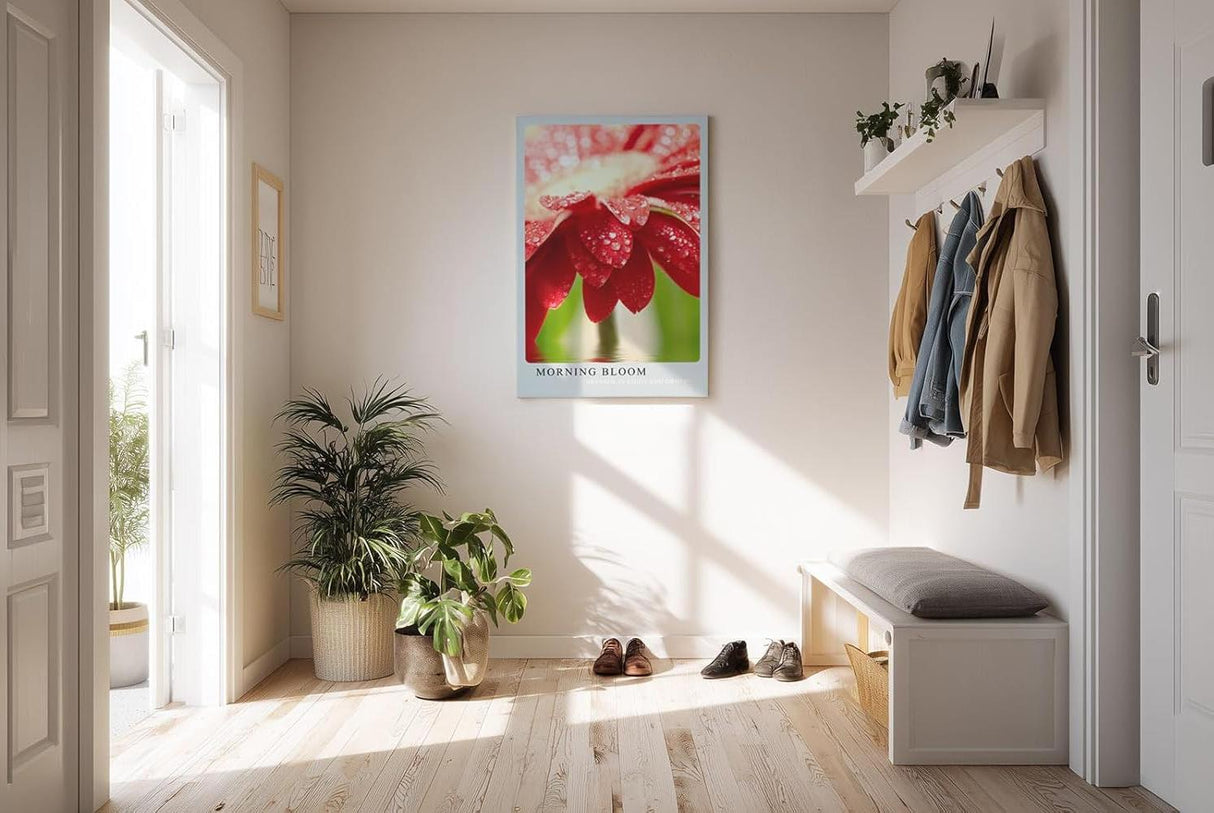 Paul Sinus Kunstdruck 40x60cm Morning Bloom – rote Blüte mit Tautropfen im Morgenlicht in Nahaufnahme