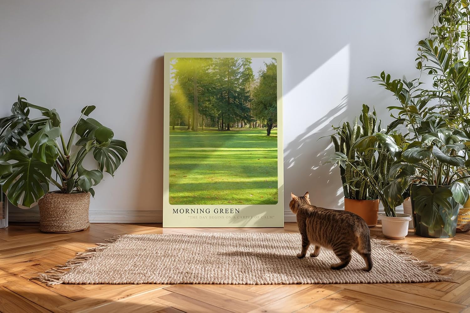 Paul Sinus Kunstdruck 40x60cm Morning Green – Sonnenstrahlen im Park auf frischem Rasen mit friedlicher Stimmung