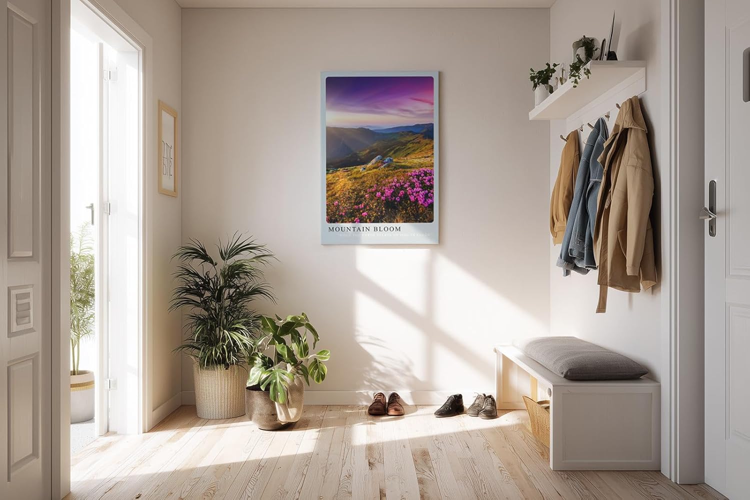 Paul Sinus Kunstdruck 40x60cm Mountain Bloom – blühende Bergwiese mit rosa Alpenrosen im Licht der Morgensonne
