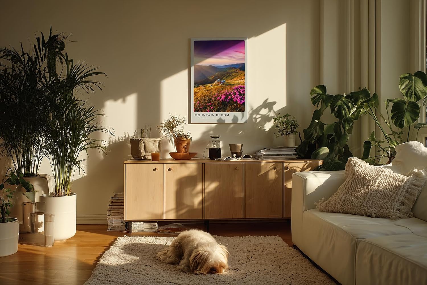 Paul Sinus Kunstdruck 40x60cm Mountain Bloom – blühende Bergwiese mit rosa Alpenrosen im Licht der Morgensonne