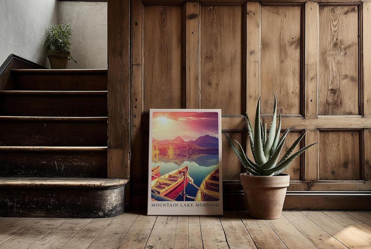Paul Sinus Kunstdruck 40x60cm Mountain Lake Morning mit Booten und Sonnenaufgang am See